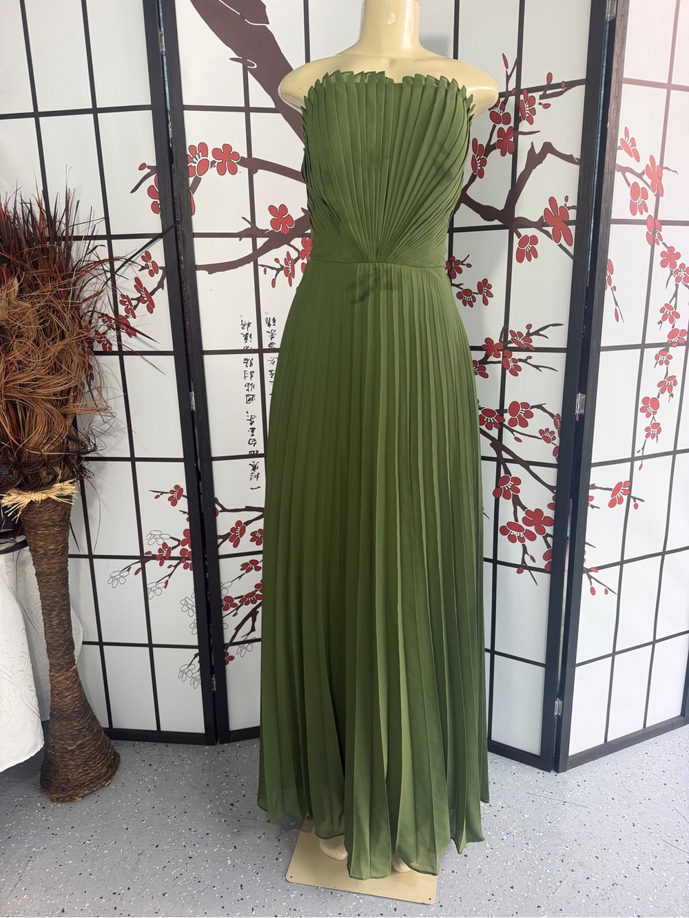 Strapless Olive Green Pleated Evening Gown